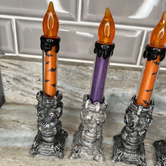 Set Of 4 Gothic Halloween LED Candles Skull Bases Orange & Purple READ - Picture 6 of 9